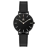 SHENGKE SK Ultra Thin Minialist Mujeres Relojes Simple Dos Manos Señoras Vestido Reloj Correa de Cuero (Black)