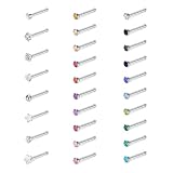 WillTen 30 piezas de pendientes de nariz rectos plateados, 20G, pendientes de nariz de acero quirúrgico inoxidable rectos o en forma de L, pendientes de nariz pequeños, joyería de perforación de nariz
