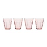 DURALEX | Set 4 Vasos de Cristal Agua 250 ml Picardie Rosa, Vasos Bajos de Vidrio con Relieve Clásico, Set de Vasos para Mesa y Cocina, Aptos Lavavajillas y Microondas