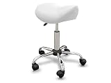 QUIRUMED Taburete Tipo Pony, Ergonómico, con Base de Acero, Color Blanco, Tapizado en Polipiel, Altura Regulable, Asiento Acolchado, Ruedas giratorias, hasta 150 kg
