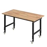 VEVOR Banco de Trabajo 122 x 60 cm, Mesa de Taller Altura Ajustable de 8 Niveles de 72,5-107,5 cm, Carga de 680 kg, Mesa de Madera Marco de Metal con Ruedas para Oficina, Garaje, Taller, Hogar