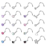 Adramata 20 Piezas 20G Anillos Nariz de Acero Inoxidable,Diamond Opal CZ Nostril Piercing Joyas para Mujeres Hombres, Tornillo/Recto/Forma de L Nariz Studs Multicolor,S