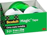 Scotch Magic Cinta Adhesiva Invisible, 3 rollos de 19 mm x 25 m + 1 Dispensador Portátil Gratis - Cinta Adhesiva de Uso General para Reparación, Etiquetado y Sellado de Paquetes y Documentos