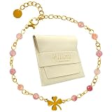 TILOVE – Pulsera de cuarzo rosa natural para mujer con trébol de acero inoxidable dorado | Cuentas facetadas ~4 mm | Cadena ajustable 16 cm + 5 cm | Diseñada en Francia | Bolsa de regalo y tarjeta