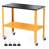 Mesa de soldar móvil con Ruedas de 91 x 46 cm, Carga de 544 kg Banco Trabajo Taller de Metal Portátil con 4 Ruedas de Frenado Bloqueables, 4 Ranuras para Herramientas, Bandeja, 1,6 cm Agujeros