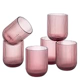 Baroni Home Set de 6 Vasos de Vidrio Coloreados y Decorados con Rayas en Relieve de 30 CL, Vasos Elegantes Lavables en Lavavajillas, 8x8x10 cm, Rosa