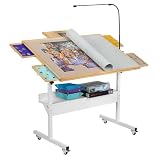 Tektalk Mesa de Rompecabezas con luz LED, Tablero de Rompecabezas con Ajuste de ángulo y Altura, Meseta de Madera con Cubierta, Cerrada con 4 Ruedas de Rodillo, para hasta 1500 Piezas