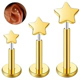 ESHIONER G23 Titanio Piercing Conch Tragus Helix Medusa Oreja Labio Labret Inferior Nariz Stud 16g 6mm 8mm 10mm Cartílago Helix Monroe Hipoalergénico Estrella Oro Flatback Mujer Hombre