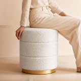 Madera Nieve Taburete Redondo de Borreguito Blanco con Borde Dorado, ottomana Teddy para salón, Dormitorio, vestidor y Entrada