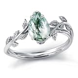 FANZNSM Anillo de ágata de Musgo Natural for Mujer, Plata de Ley, Pera, ágata de Musgo Verde, Anillo de Compromiso, joyería for Mujer(9)