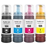 SHUOLEI 104 Tinta Compatible con Epson 104 Cartucho de Tinta Multipack para ET-1810 ET-2726 ET-2810 ET-2811 ET-2812 ET-2814 ET-2815 ET-2820 ET-2821 ET-2825 ET-2826 ET-4800 (4 P, BK/C/M/Y)