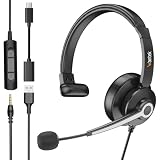 Wantek Mono Auriculares USB con Micrófono,USB-A/USB-C/Jack 3.5mm Cascos 3 en 1 con Cable,Cancelación de Ruido y Control de Volumen para Teletrabajo,Zoom,Cursos Online y Call Center