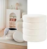 Madera Nieve Taburete Puff Redondo de Borreguito Blanco con Almacenaje – Asiento Acolchado Bouclé Teddy Tipo Otomana para Salón, Dormitorio o Habitación Infantil