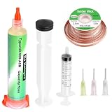 VACUBXBY Kit de flux para soldar estaño NC-559-ASM de 10 ml con malla desoldadora de cobre 2,5 mm x 3 m, pasta fundente sin limpieza y sin plomo, empujador, jeringa y 3 agujas para SMD BGA LED PCB
