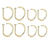 BDEPSTR Pack de 8 Aros de Nariz Falsos en Forma de D, Piercing Nariz sin Agujero de Acero Inoxidable, Tamaños 0.8mm y 1.0mm, Joyería Corporal Unisex Color Dorado