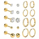 Vicloon Conjuntos de Pendientes, 9 Pares Aros Acero Inoxidable Pendientes de Aro Hipoalergénico Cartílago Huggie Hoop Pendientes Tragus Oreja Piercing Joyería para Mujer Cartílago (Oro)