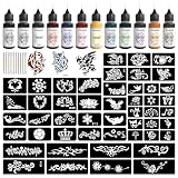 PFARRER Kit Tatuaje Temporal Adulto Tattoo Personalizado 12 Botellas Color 49 Piezas Grandes Tatuajes Temporales Falsos DIY