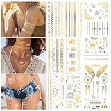 HOWAF 8 Hojas Tatuajes Oro Tatuajes Temporales Met¨¢licos, Oro Tatuajes Temporales Papel Festival Tatuaje Pegatinas Flash Fake Tattoo Kit Impermeable Tatuajes Temporales