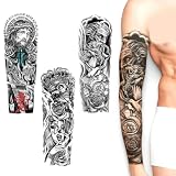 ZENQARI 3 Tatuajes Temporales Adultos para Hombre, 48x17 cm, Negros, Impermeables y Duraderos, Diseños Modernos de Manga Completa para Fiestas, Festivales y Cosplay