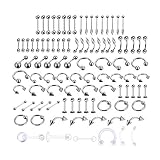 LuLyL 92 piezas de perforaciones (92 piezas), 16 estilos de acero inoxidable 316L, 6 piezas de anillos de ombligo transparentes para cuerpo, lengua, nariz, orejas, labios, 91 unidades (1), acero