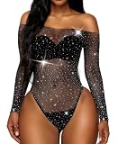 RSLOVE Lencería de Mujer Body de Red Ver A Través Sexy de Manga Larga de Una Pieza Teddy Negro Una Talla