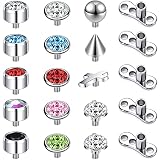 PunkTracker 14 g 4 – 20 piezas de acero quirúrgico para piercing dérmico con circonita cúbica micro ancla dérmica tapas Titanium Base Piercing Dermico, Acero inoxidable plata de ley