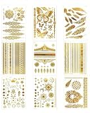 UEAVOID 9 Hojas de Tatuajes Temporales Dorados y Metálicos, Tattoos Impermeables para Adultos y Mujeres, Pegatinas Brillantes de Estilo Boho para Festivales y Coachella