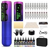 EZ Maquina de Tatuar Kit Completo - Kit Tatuaje Completo con Maquina de Tatuar Inalambrica, 20piezas Agujas para Cartuchos de Tatuaje, Batería de 1800mAh para Artistas del Tatuaje (P2S Morado)