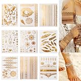 Tatuajes Temporales Metálicos con 110+ Diseños, Impermeables Brillantes Tattoos Gold Temporary Papel De Tatuaje Dorados Estilo Bohemio, Pegatinas De Tatuajes De Arte Corporal Para Mujeres, Niñas