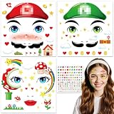 DPKOW Carnaval Tatuajes faciales Accesorios para disfraces de Mario, sombrero de Mario, seta, estrella, tatuajes temporales, pedrería, maquillaje facial, accesorios para cosplay, hermanos Bros