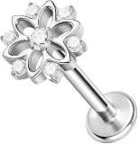 Genérico Piercing de Titanio ASTM F136, 16G, 8 mm, Flor con Cristales, Rosca Interna, Hipoalergénico, para Labio y Oreja