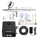 Nasedal Kit Aerógrafo con Compresor 40PSI Aerografo Modelismo Doble Acción Airbrush Boquilla de 0,2/0,3/0,5 mm Para Uñas, Maquillaje, Decoración De Tartas, Manualidades Y Tatuajes