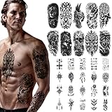 URAQT Tatuajes temporales Negros, 30 hojas lobo león esqueleto pegatinas