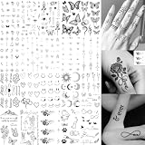 Glamoreal 20 piezas de tatuajes diminutos negros con rosas y flores, tatuajes temporales para mujeres y adultos, pequeños tatuajes realistas con flechas, media luna y estrellas para dedos y manos