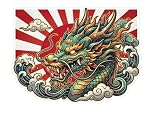 Pegatina Dragon Japones Sol Naciente Olas - Sticker Dragon Oriental Tatuaje Japones Vinilo Premium Impermeable Die-Cut Coche Moto Portatil - Regalo (12 x 9 cm)