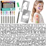 Marcador de tatuaje temporal para la piel, 8 marcadores corporales de metal + 229 plantillas grandes de tatuaje para niños y adultos, punta de pincel flexible, colores brillantes, pintura corporal DIY