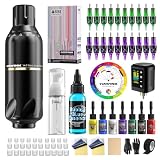 HAWINK Kit de Máquina de Tatuaje Inalámbrica con Batería 1600mAh Modo Normal/Punteado, 20 Cartuchos de Aguja 7 Tintas para tatuaje Jabón Azul Tatto Kit Completo para Principiantes HW-TKP304AEU-9