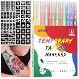 Marcadores para Tatuajes Temporales, 12 Colores, 104 Diseños, 14+