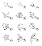 JeweBella 12 Piezas 16G Pendientes Cartílago Helix para Mujer Hombre Acero Quirúrgico Rosca Interna Circonita Luna Corazón Estrella Hoja Piercing Labret Nariz Helix Tragus Plata/Oro
