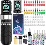 Kit de máquina de tatuaje inalámbrica POSEIDON con 7 ajustes de hub, dos baterías de 2300 mAh, modo normal/punteado y pantalla LED - Dispositivo de tatuaje inalámbrico profesional para principiantes