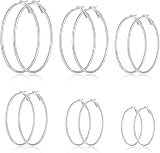 PacuM 6 Pares Pendientes Aro Mujer Material Hipoalergénico Aros Plata Con Cierre Clip Earrings Ligero Brillante Joyería Moda Regalo para Mujer 20/30/40/50/60/70 MM (Plata)