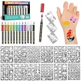 Rotuladores para tatuajes temporales en la piel, 12 marcadores corporales metálicos+183 plantillas para tatuajes temporales (para niños y adultos), punta de pincel flexible, colores brillantes