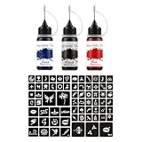 Kit Tatuaje Temporal Adulto Tattoo 3 Botellas Color 40 Piezas Grandes Tatuajes Temporales Falsos DIY, Tinta para Tatuar Temporales, Tattoo Ink, (Tatuaje Negro, Rojo Y Azul)