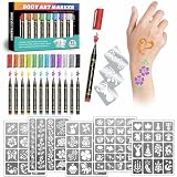 Marcadores temporales de tatuaje para niños y adultos, 12 marcadores metálicos y 155 diseños de plantillas de tatuaje, bolígrafos de tatuajes cosméticos para niños y adultos