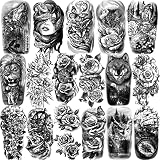77 hojas de tatuajes temporales impermeables de brazo completo para hombres y mujeres, Lobo león dragón reloj flor esqueleto antebrazo hombro falso tatuaje pegatinas para adolescentes