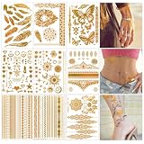 Tatuajes Temporales 9 Hojas Tatuajes Metalico Purpurina Oro, Tatuajes Temporales Adultos Mujer y Joven Niñas, Bonitas Tatuajes Falsos, Pegatinas Tatuajes Impermeable, Regalo Mujer y Adolescentes Chica